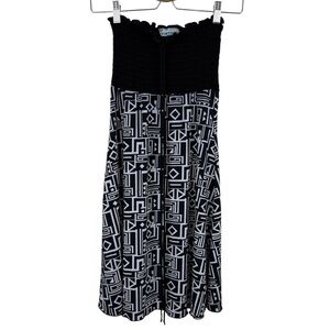 Porto Cruz Black & White Smocked Bodice Geometric Print Strapless Dress - Small